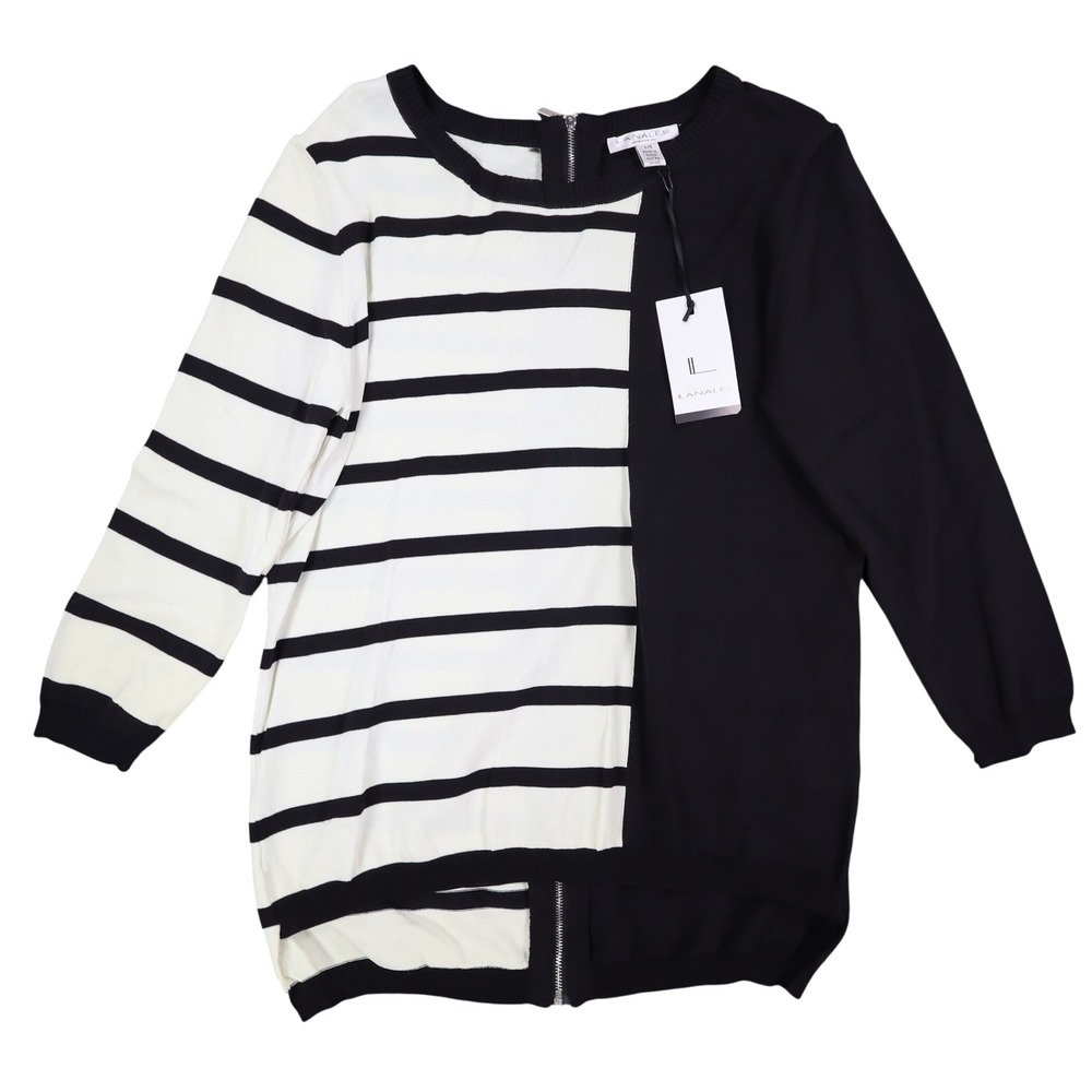 Lanalee Montreal Sweater Womens Large Black White Striped Colorblock Zip Back